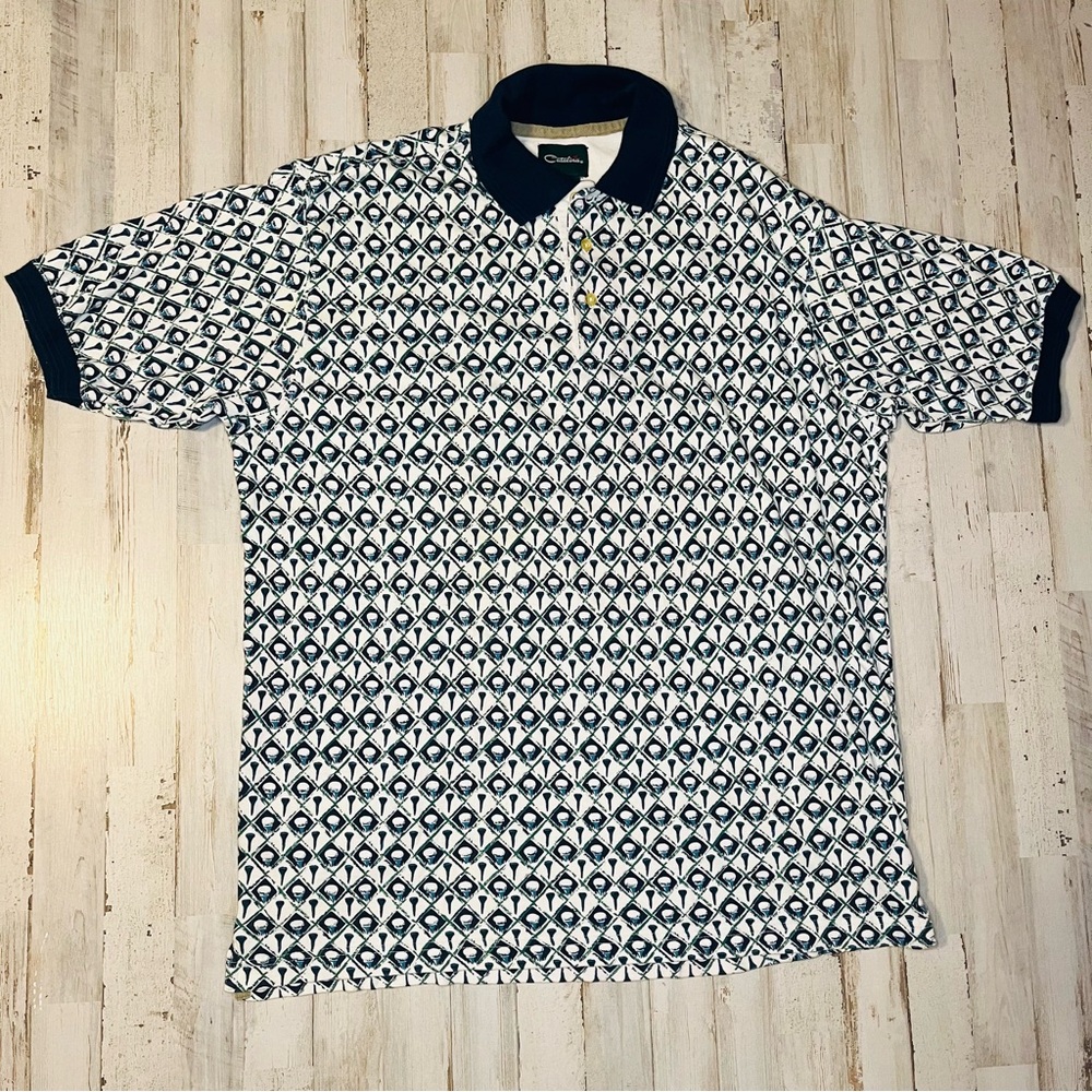 Vintage Catalina Polo Shirt Mens Large Blue White Golf AOP Geometric Preppy